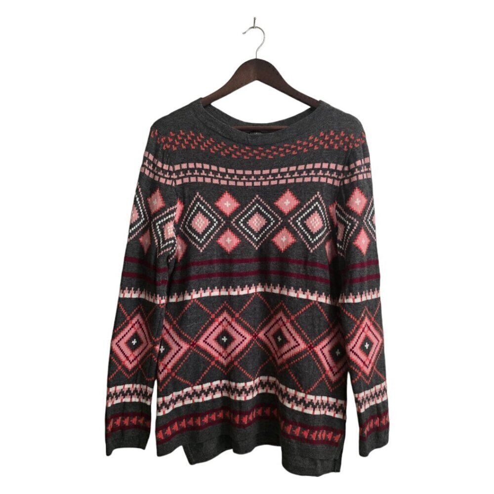 Talbots Gray Aztec Argyle Lambswool Blend Crewneck Sweater Sz L